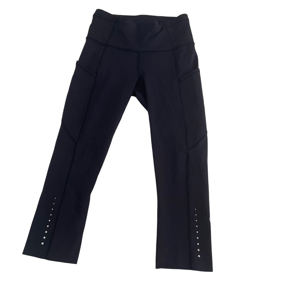 Lululemon Fast and Free Leggings Women 4 Navy Blue Crop Pockets Raw Hem 2701